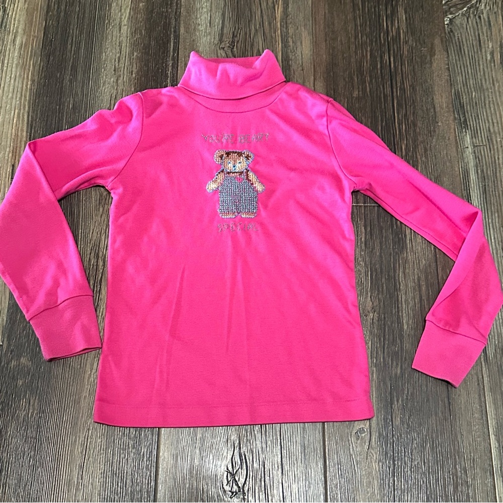 Needlepoint bear pink turtleneck vintage girls 10-12 youth park shirt